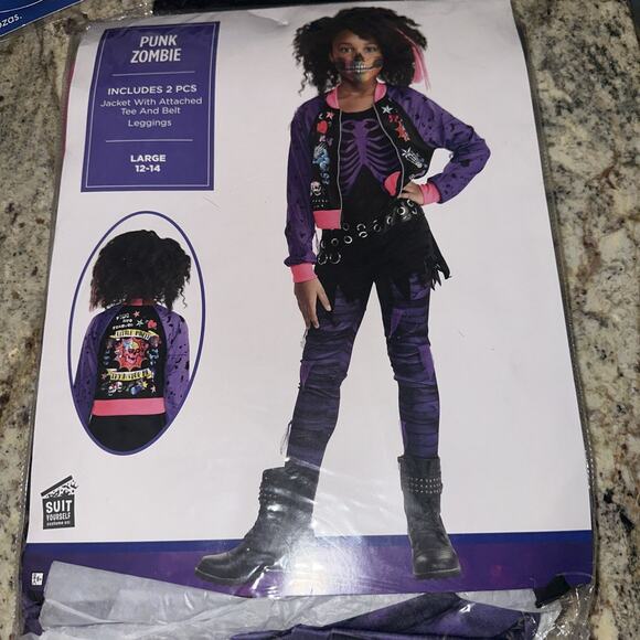 Zombie Punk Halloween Costume Girls size Lrg 12-14 , 2 piece pink purple black - Picture 3 of 4